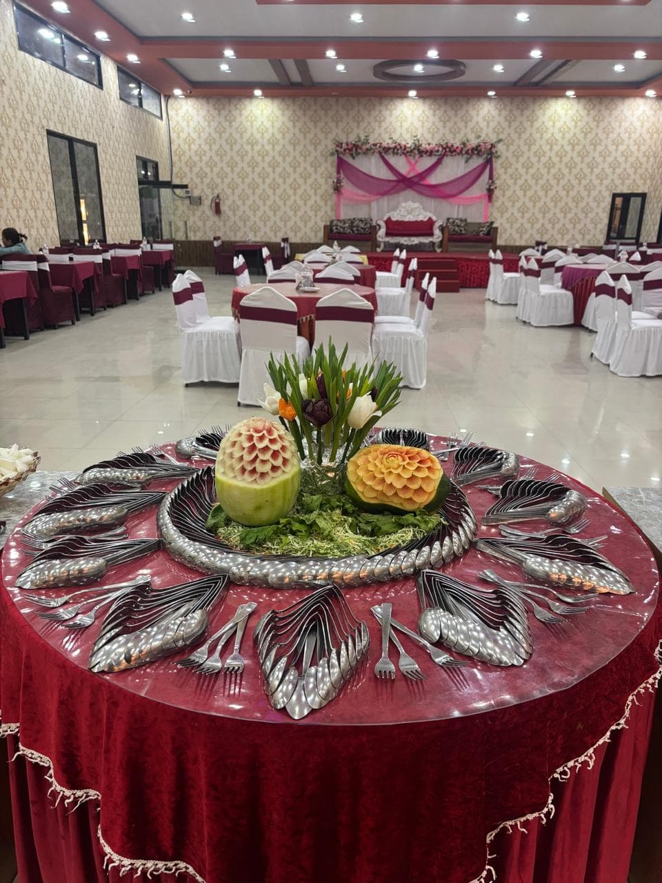 Catering setup with food and drinks