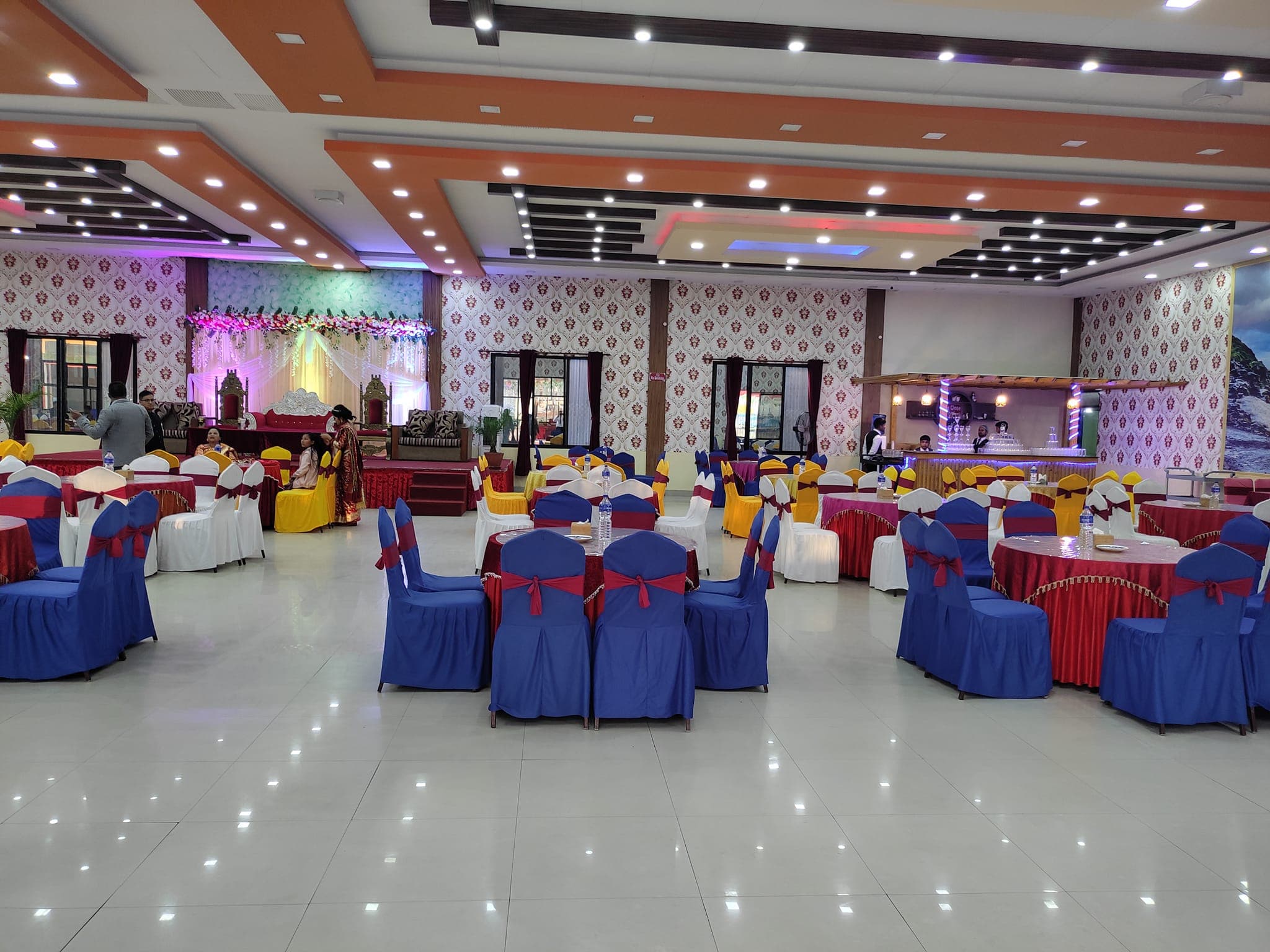 Large event hall with decorated seating